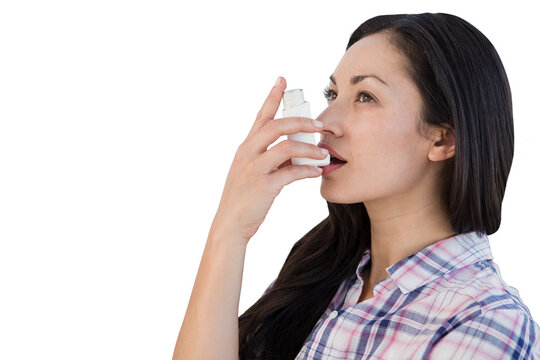 Digital png photo of caucasian woman with inhaler on transparent background