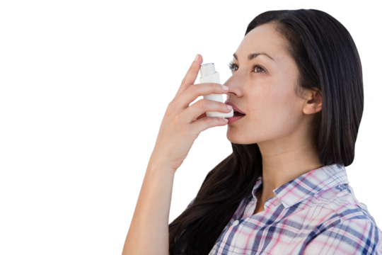 Digital png photo of caucasian woman with inhaler on transparent background - Powered by Adobe