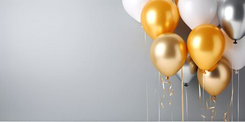 silver and gold balloons isolated on empty grey wall background with copy space