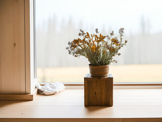 Bouquet of different wildflowers in a pink vase on a wooden window sill against a window at summer day. Flowers in the home interior. Cosy homy atmosphere. Place for text. Natural background.