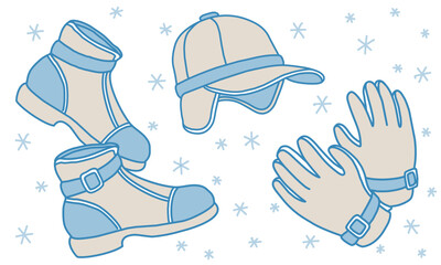 Vector illustration of set of warm clothes from boots, cap and gloves for winter design.