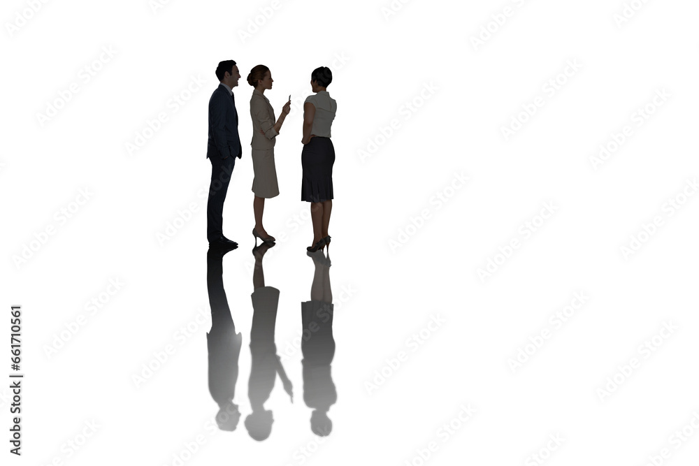 Poster Digital png photo of diverse business people standing and talking on transparent background