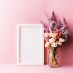 White frame mockup. Empty frame with pastel rose and purple coloured flowers on pink background