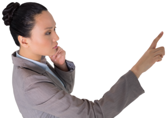 Digital png photo of asian businesswoman pointing on transparent background