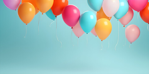 colourful balloons isolated on empty blue wall background with copy space