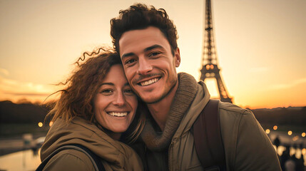 couple taking a selfie at the eifel tower, paris, france, europe travel, nomadic lifestyle