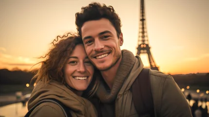 Foto op Plexiglas couple taking a selfie at the eifel tower, paris, france, europe travel, nomadic lifestyle © Juan Gumin