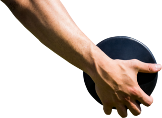 Digital png photo of caucasian hand of sportsman holding disc on transparent background