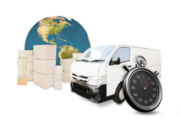 Digital png illustration of van, boxes, timer and globe on transparent background