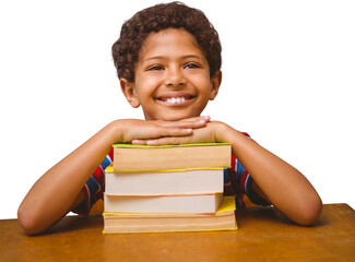 Digital png photo of happy biracial schoolboy with books on transparent background