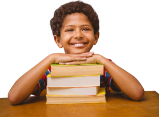 Digital png photo of happy biracial schoolboy with books on transparent background