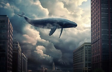whales swimming above city buildings with full of clouds