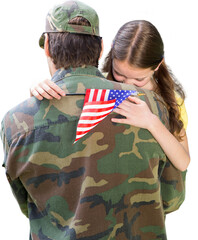 Digital png photo of back of caucasian soldier hugging daughter on transparent background