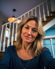 Happy middle aged woman taking a selfie at home - obrazy, fototapety, plakaty