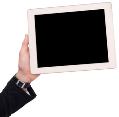 Digital png photo of hand holding tablet on transparent background