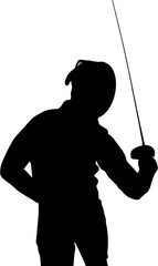 Digital png illustration of silhouette of sportsman with sword on transparent background