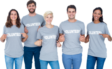 Digital png photo of happy diverse group of volunteers on transparent background