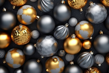 3d render of golden and silver christmas balls on black background
