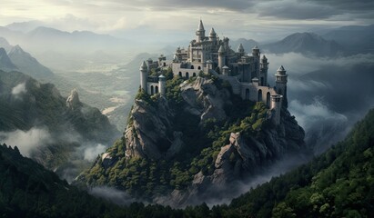 A charming gothic castle fortress sits at the top - obrazy, fototapety, plakaty