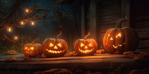 Autumn nights. Glowing halloween pumpkin. Creepy jack o lantern. Halloween symbol in dark. Spooky pumpkins carving. Sinister smile