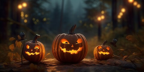 Fototapeta premium Autumn nights. Glowing halloween pumpkin. Creepy jack o lantern. Halloween symbol in dark. Spooky pumpkins carving. Sinister smile