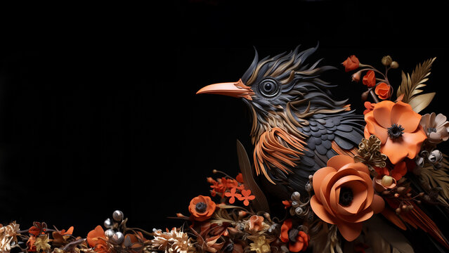 Illustration of a wood carving of a black bird and flowers. Room for copy. 