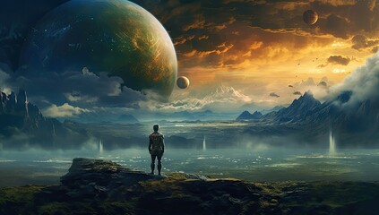 Surreal sci-fi style rear view of boy standing in the universe
