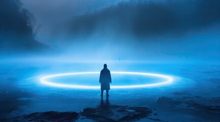 Fototapeta premium alone person looking at heaven. Lonely man standing in fantasy landscape