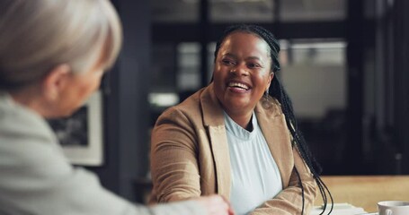 Business woman, handshake and job interview in Human Resources meeting, welcome and partnership or deal. Professional clients shaking hands for recruitment, HR hiring and thank you or congratulations