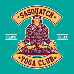 Sasquatch Big Foot Character Design doing Yoga with Hand Drawing Vector Illustration in Patch Design Style