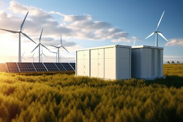 Modern battery energy storage system with wind turbines and solar in grass fields - obrazy, fototapety, plakaty