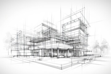 Sketch design of wireframe of building. Digital project visualization. - obrazy, fototapety, plakaty