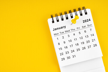 January 2024 Monthly desk calendar for 2024 year with thumbtack. - obrazy, fototapety, plakaty