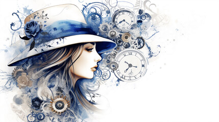 Fantasy portrait of a beautiful young woman in a hat with clocks and butterflies
