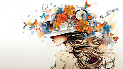 Illustration of a beautiful girl with flowers in her hair and hat.