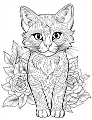 Cat head with flowers. Hand-drawn illustration for adult coloring page.