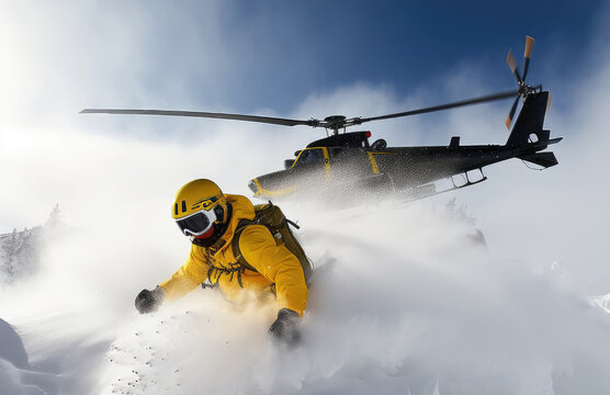 A man on skis and the helicopter behind him