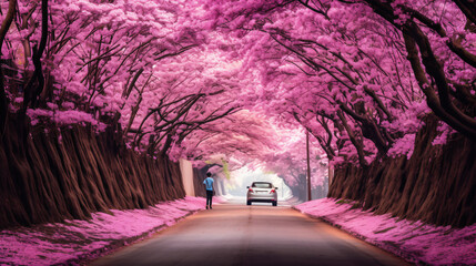 A tunnel of trees with pink flowers