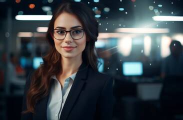 Fototapeta premium The businesswoman in her business suit is illuminated by dynamic and modern technology lighting design in both the foreground and background.