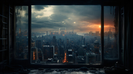A view of a city from a window - obrazy, fototapety, plakaty