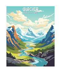 Vector Art of Glacier National Park. Template of Illustration Graphic Modern Poster for art prints or banner design - obrazy, fototapety, plakaty