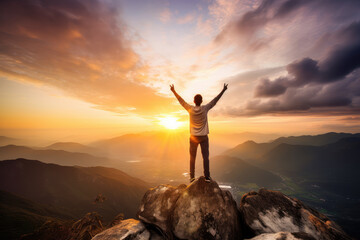 A man stands on top of a mountain and looks into the distance at sunset, concept image of success - obrazy, fototapety, plakaty