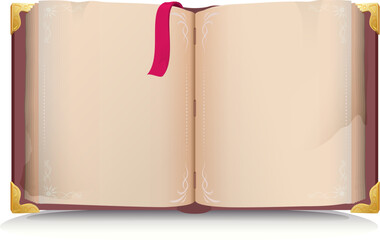 Open book spread with empty blank page and red bookmark