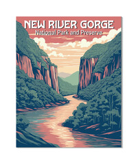 Vector Art of New River Gorge National Park and Preserve National Park. Template of Illustration Graphic Modern Poster for art prints or banner design
