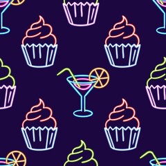 seamless pattern cocktail bar glowing desktop icon, neon cupcake sticker, neon dessert figure, glowing figure, neon cafe geometrical figures 