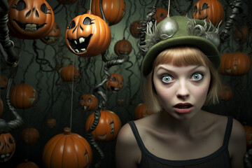 Halloween holidays or festival concept. Beautiful young woman in Halloween style background. Generative AI