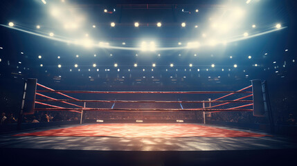 Empty wrestling boxing ring filled with spotlights, competition arena - obrazy, fototapety, plakaty