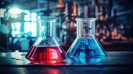 Some reagent bottles are placed on the laboratory table