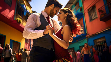 
couple dancing tango in the neighborhood of La Boca, Buenos Aires, Argentina, local culture and tradition, life in Latin America
