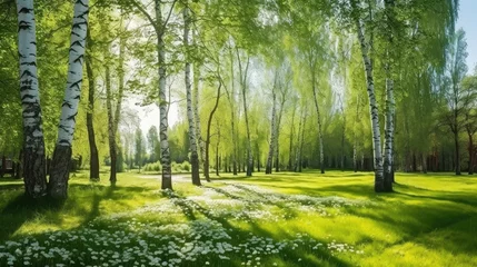 Foto op Plexiglas Berkenbos Broad sunbeams streaming through the cypress trees on the lawn